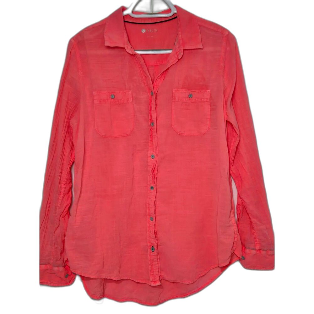 Stylus Textured Cotton Button-Up Shirt | Women's Size Large | Coral Pink